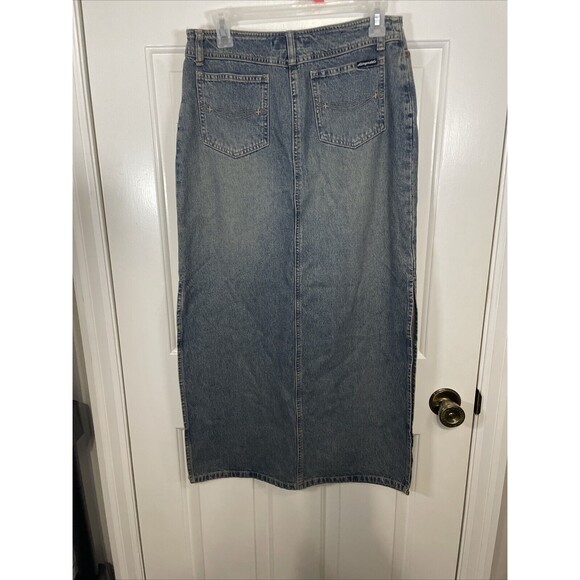 Vtg Denim Maxi Skirt Grunge Wash Long Straight Jean Skirt Women’s 3/4 Slits Y2K - Picture 4 of 7